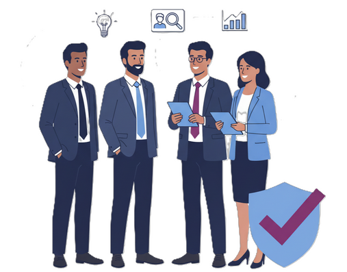 Illustration of four business professionals discussing candidate assessments, symbolising data-driven recruitment and for white-collar recruiting.