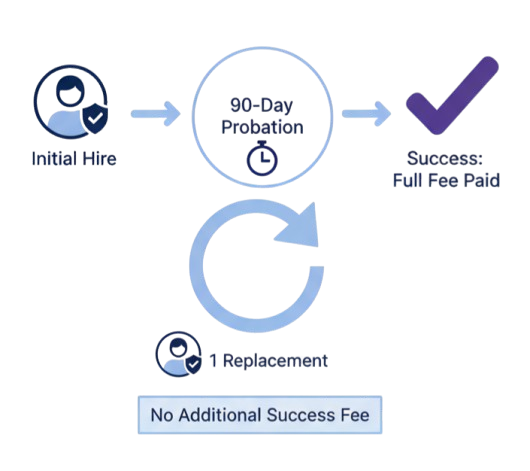 An illustration of Starbridge Talent's replacement policy. It shows a process from the initial Hire, followed by a 90-day period during which Starbridge Talent provides 1 replacement for free.