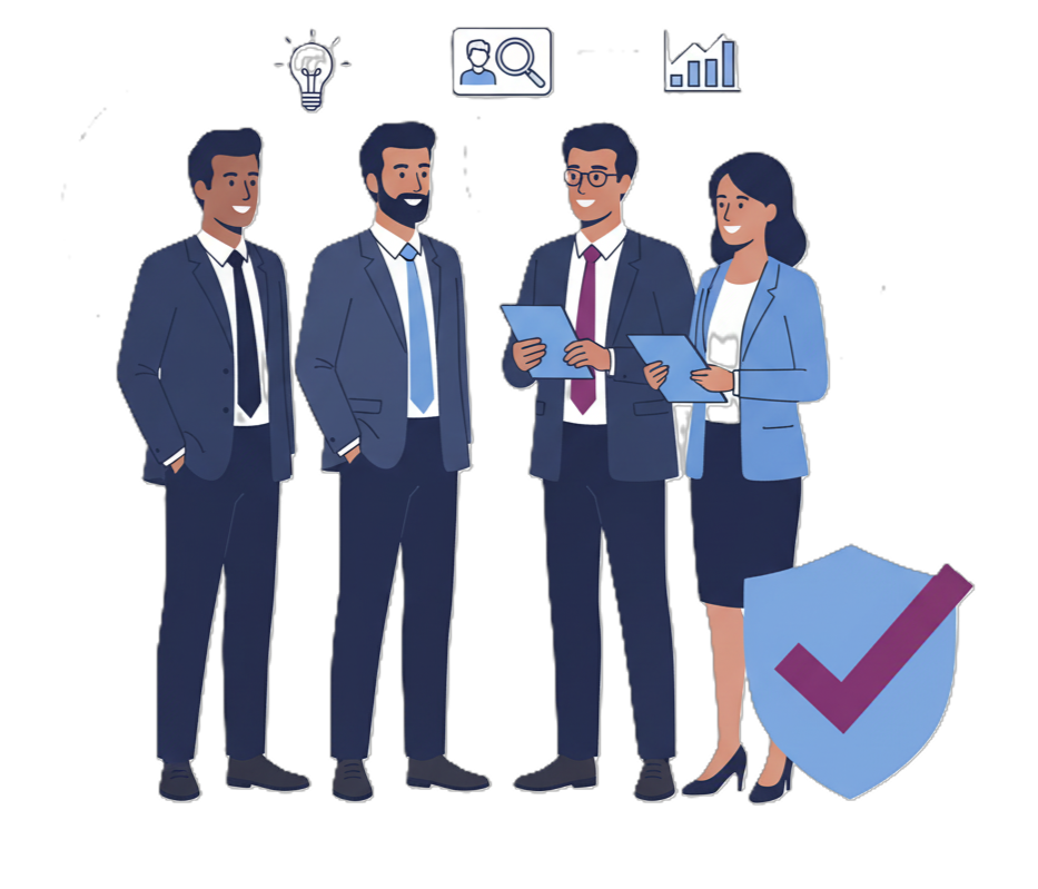 Illustration of four business professionals discussing candidate assessments, symbolising data-driven recruitment and for white-collar recruiting.