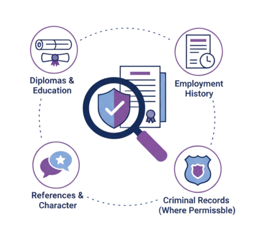 An illustration showing a circle with four elements of background checks at Starbridge Talent: Diplomas, Employment History, References, and Criminal Record.